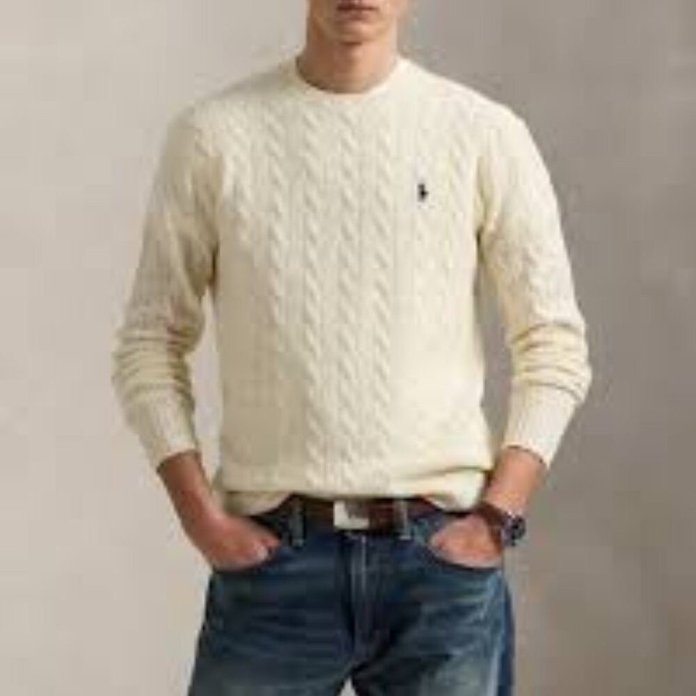 Men's Polo Ralph Lauren Cable-Knit Wool-Cashmere Sweater in Cream - Size XL